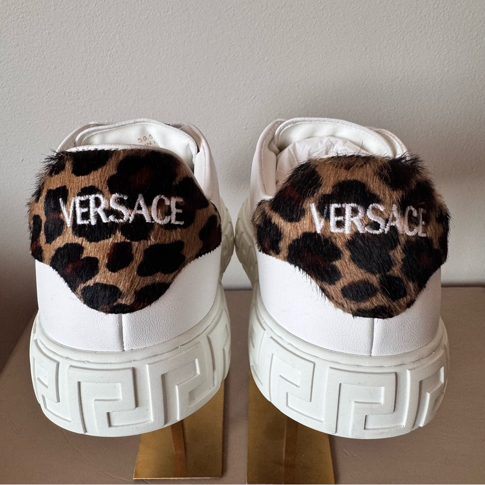 Versace Greca Calf Hair Low Top Sneakers White Leopard Heel Size 39.5 NWT - Picture 3 of 13